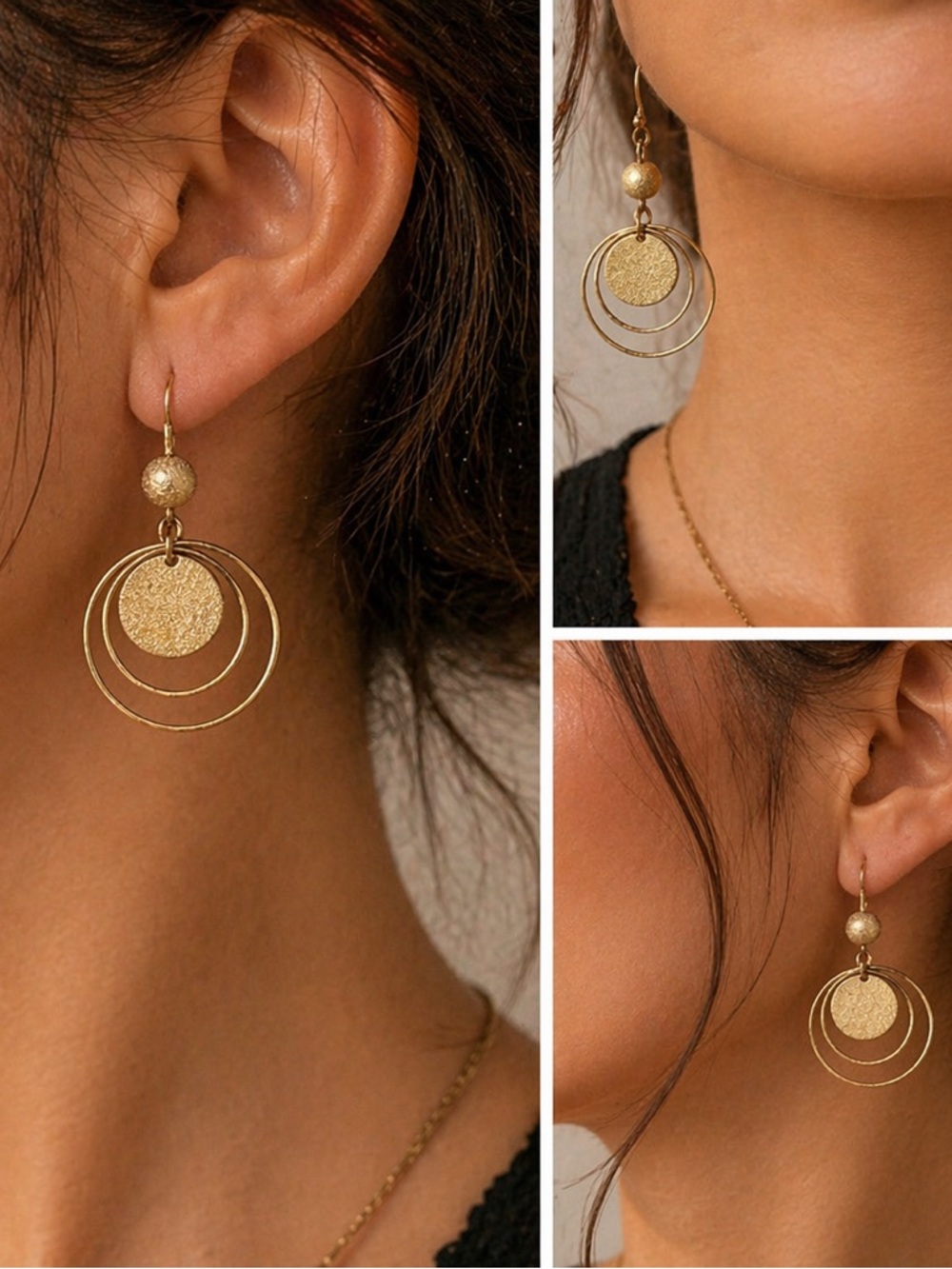 Gold Textured Disc Dangle Earrings | Boho Chic Statement Hoops | Drop Earrings